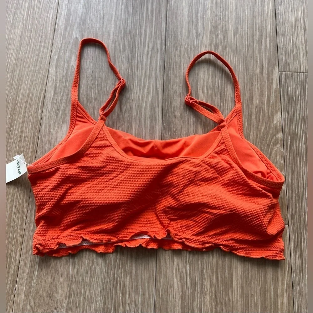 Aerie Scoop Longline Bikini Top Size Medium Orange Textured Ruffle Swimsuit